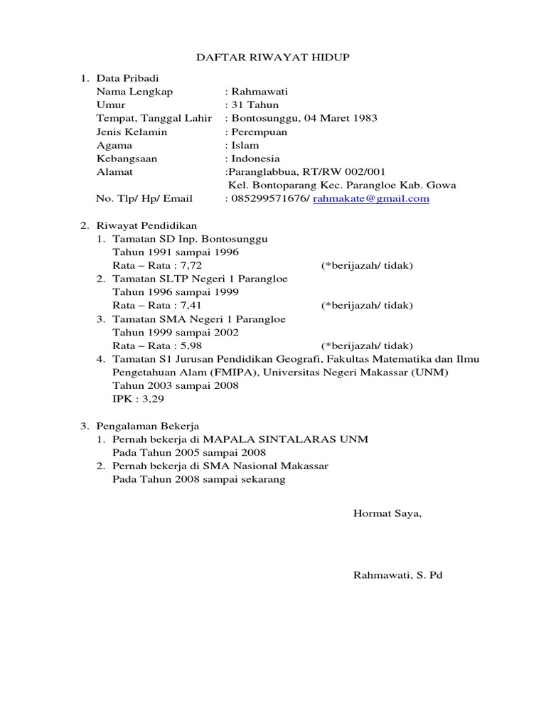 Contoh Daftar Riwayat Hidup Lulusan Sma Yang Belum Pernah ...