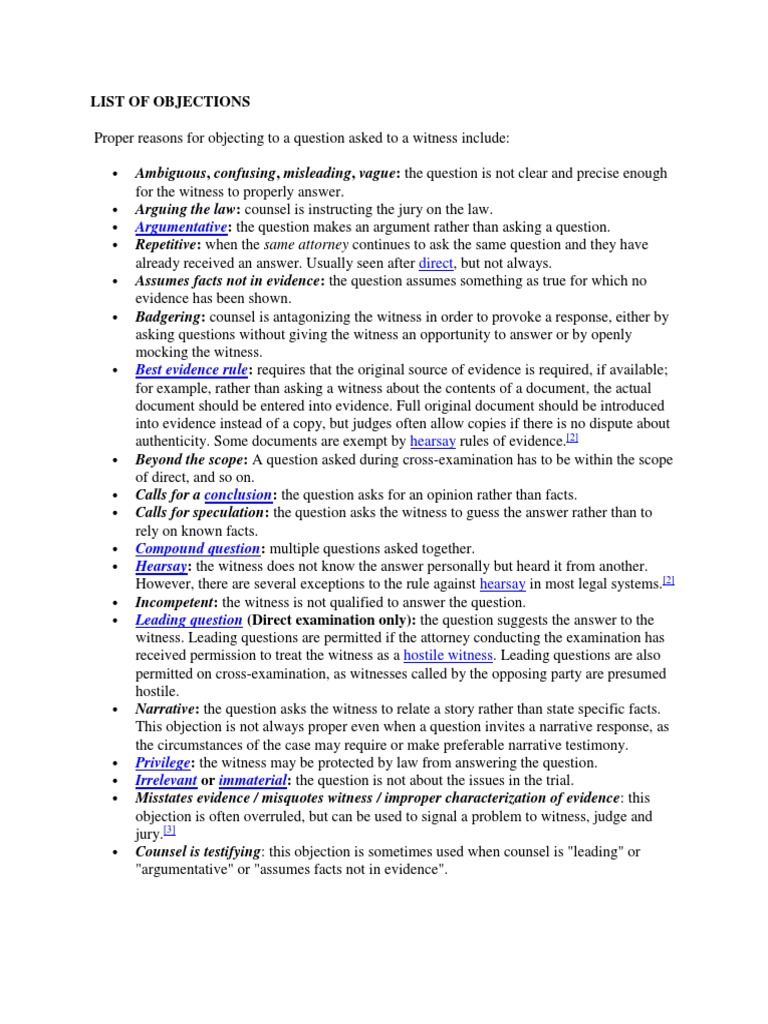 List of Objections Evidence (Law) Relevance (Law)