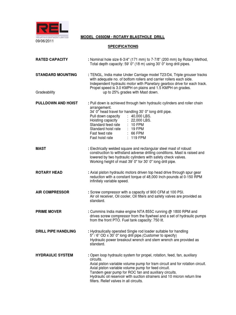 C650DM Rotary Blasthole Drill Specs | PDF | Transmission (Mechanics ...