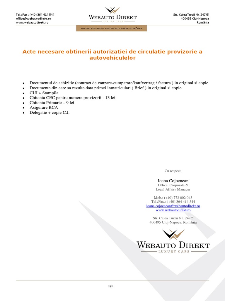 Acte Necesare Obtinerii Autorizatiei De Circulatie Provizorie