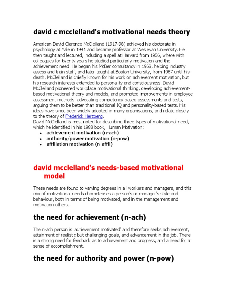 McClelland's Motivation Needs Theory | PDF | Motivation | Motivational