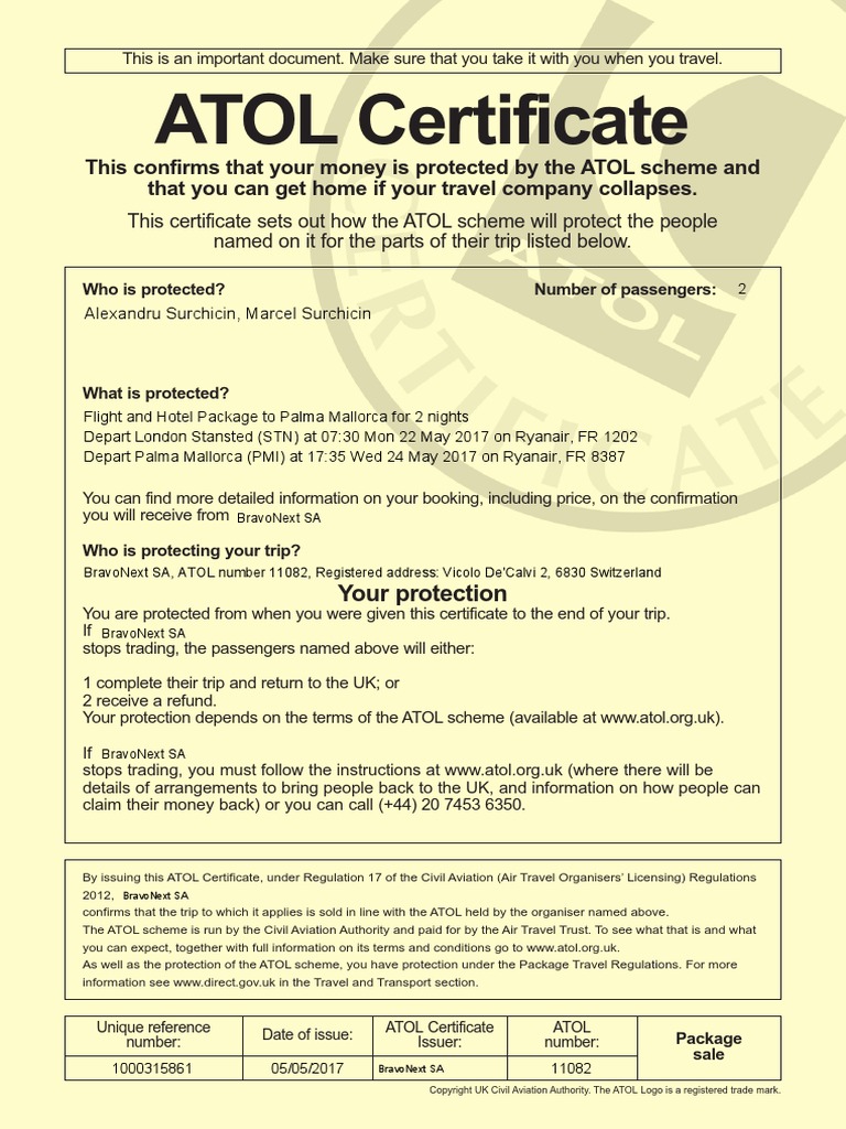ATOL Package Certificate | Download Free PDF | Travel Agency | Aviation