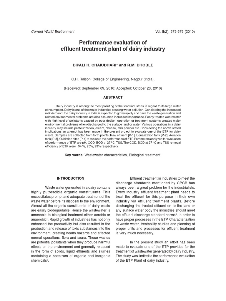 Performance Evaluation of Effluent Treatment Plant of Dairy Industry ...
