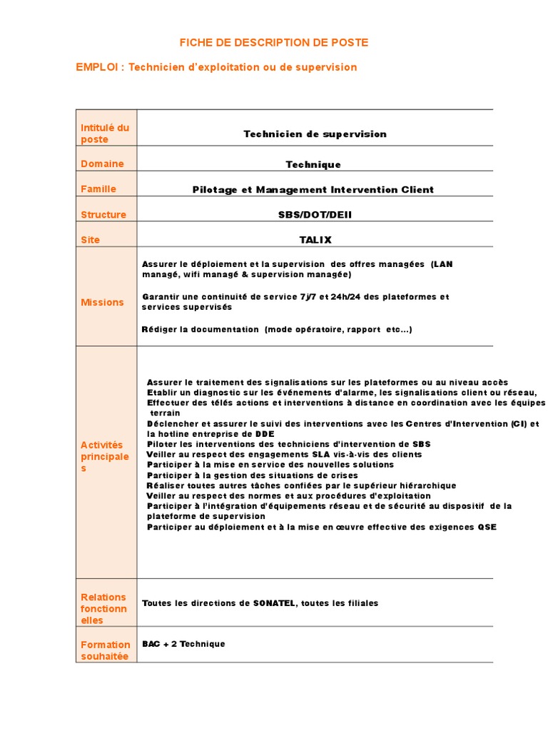 Fiche de Poste Technicien de Supervision  OBS  PDF  Business
