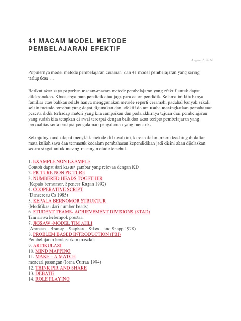 41 Model dan Metode Pembelajaran Efektif | PDF | Karier & Perkembangan