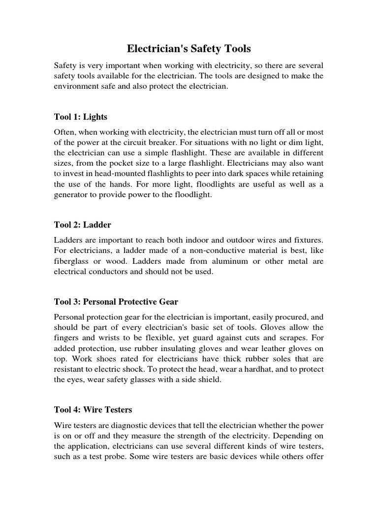 Electrician's Safety Tools: Tool 1: Lights | PDF | Tools | Equipment