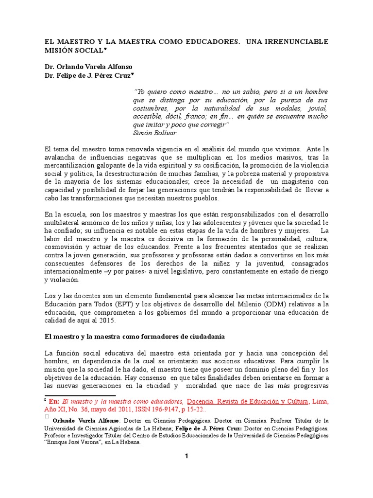 Texto El Maestro y La Maestra Como Educadores. Una Irrenunciable Misión ...