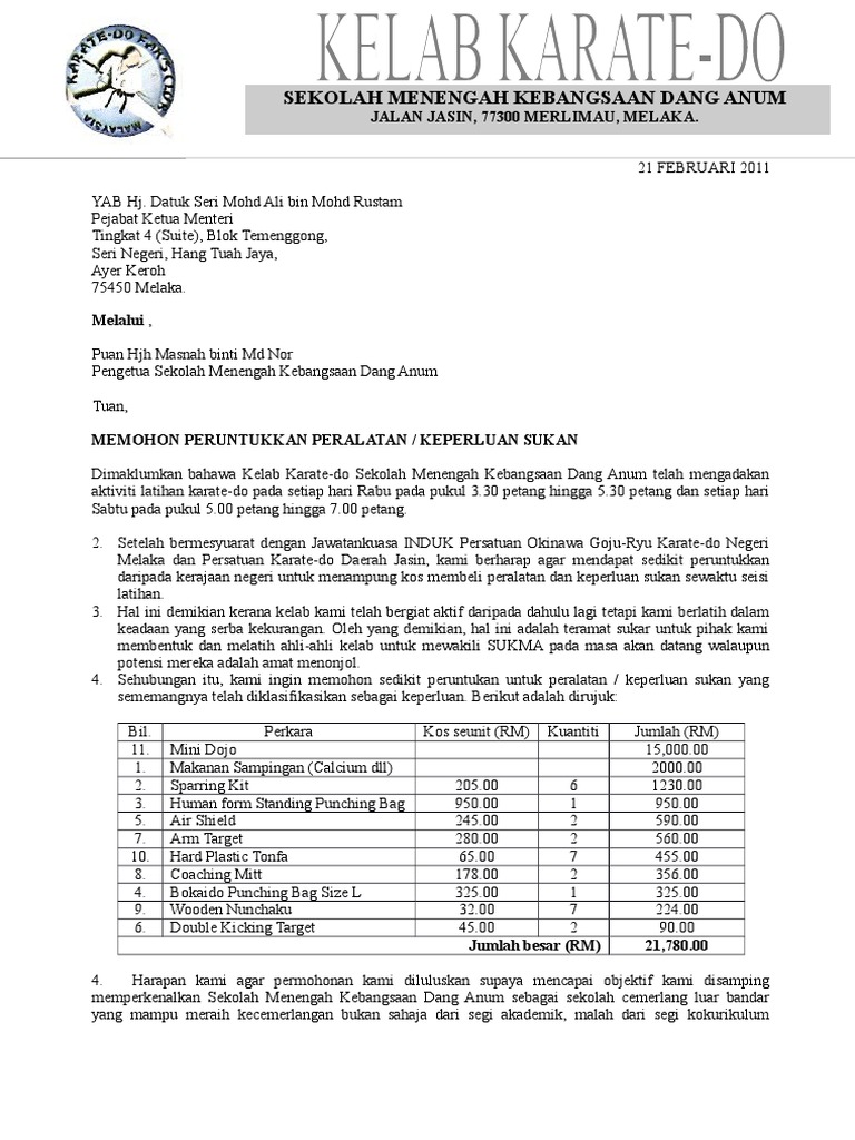 Kertas Kerja Permohonan Peruntukkan Peralatan Keperluan Sukan Pdf