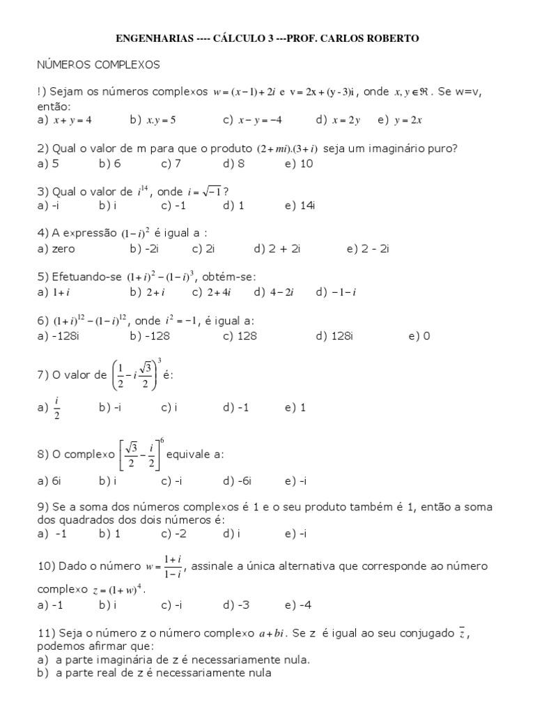 Exercícios de Números Complexos | PDF | Número complexo | Números