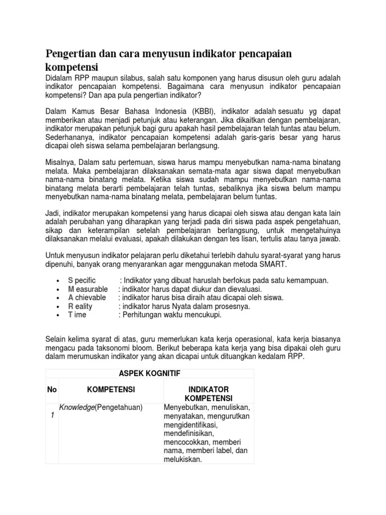 Indikator Pencapaian Kompetensi dalam RPP | PDF