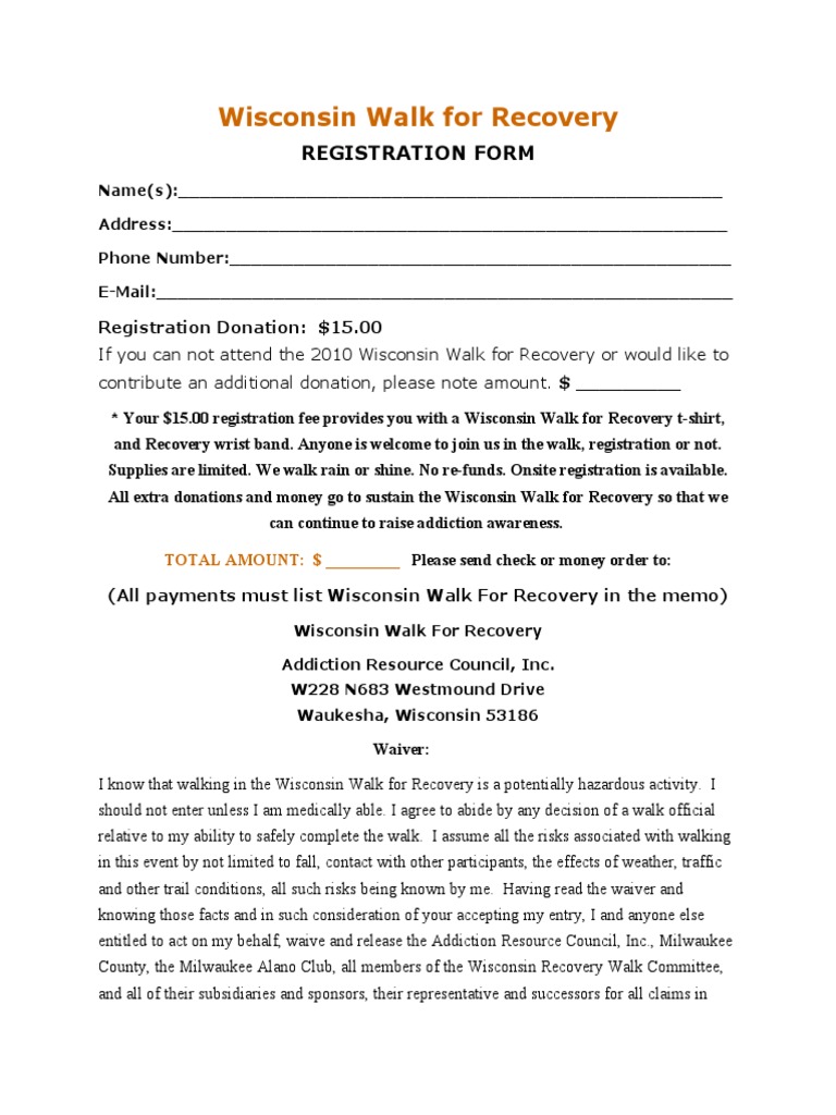 Wisconsin Walk for Recovery Registration | PDF | Justice | Crime & Violence