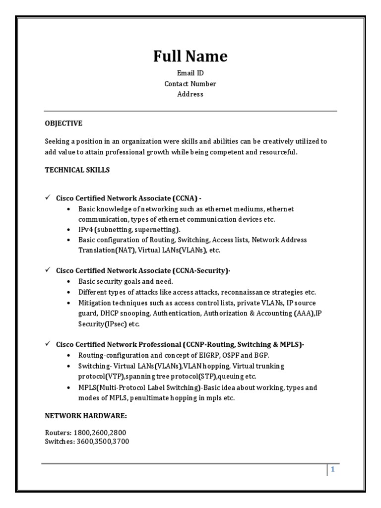 Sample Resume Fresher Ccna Multiprotocol Label Switching Networking