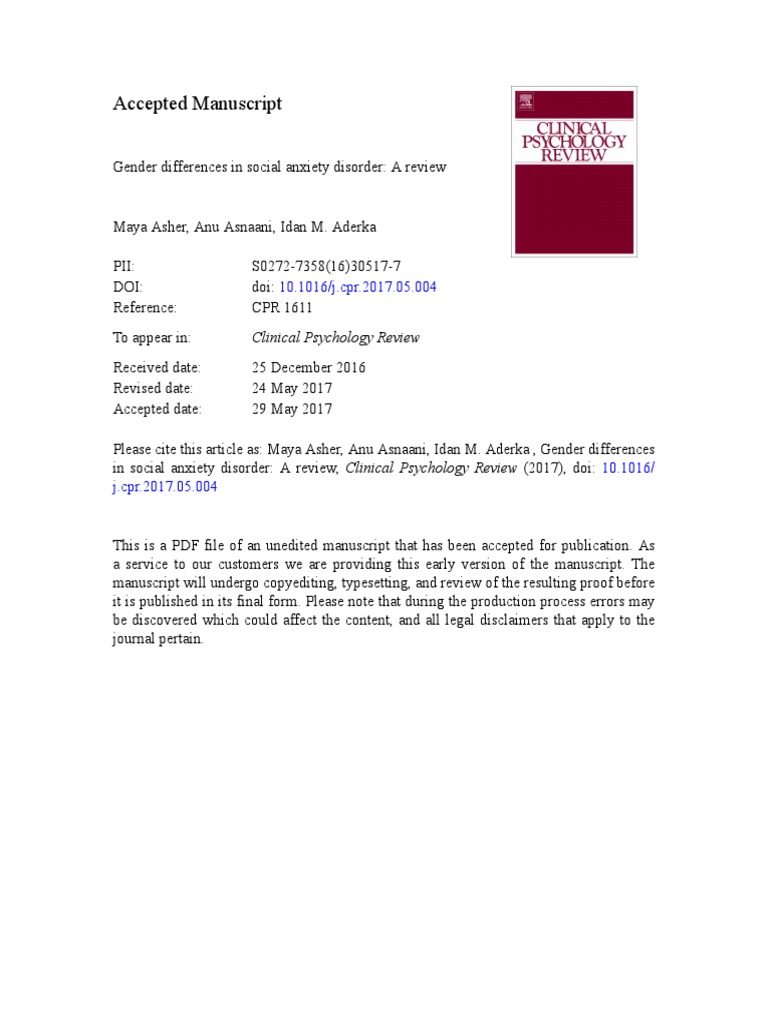 Gender Differences in Social Anxiety Disorder - A Review PDF | PDF ...