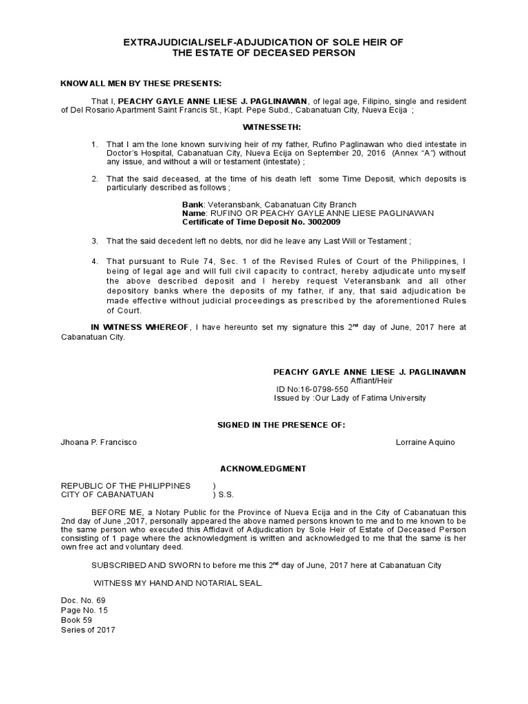 Extrajudicial/SelfAdjudication of Sole Heir of The Estate of Deceased