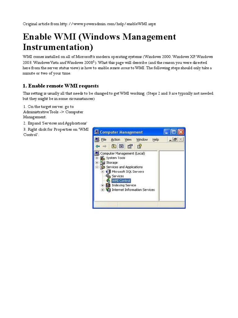 Enable WMI on Windows Servers | PDF | Windows Server 2003 | Microsoft ...