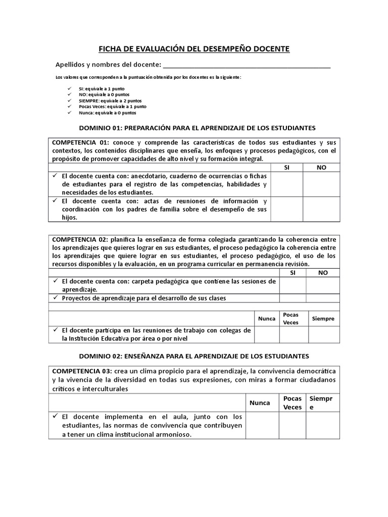Ficha de Desempeño Docente | PDF | Compartir | Evaluación