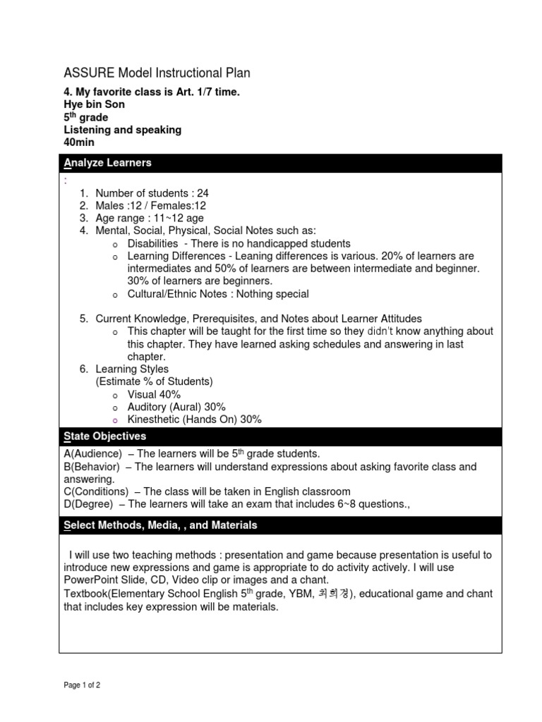 Assure Lesson Plan Template Lesson Plan Quality Of Life