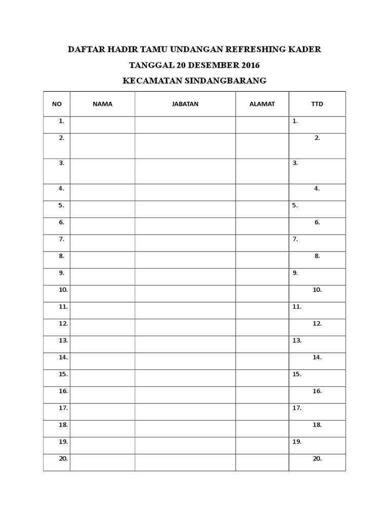Daftar Hadir Refreshing Kader