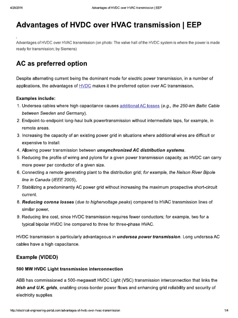 Advantages of HVDC Over HVAC Transmission - EEP | PDF