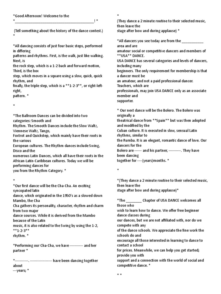Emcee Script Pdf Ballroom Dance Dances