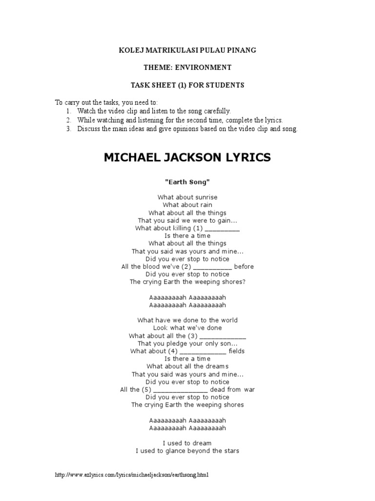 MJ Earth Song Lyrics Better PDF Leisure