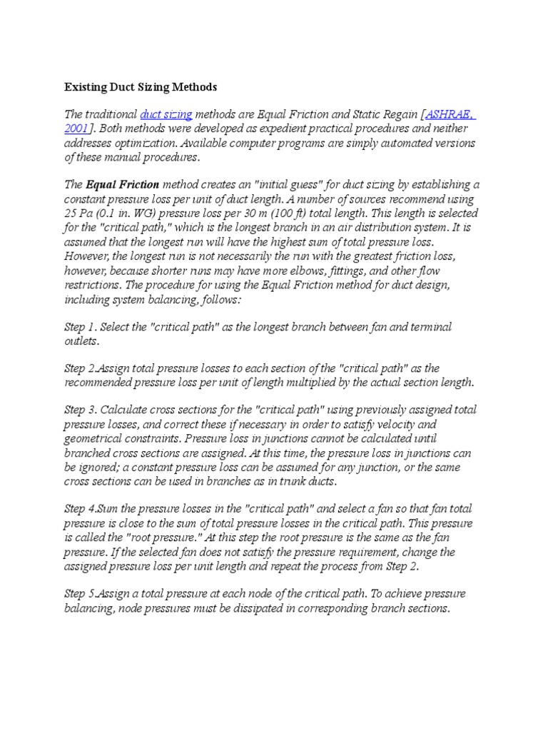 Duct Sizing Ashrae, 2001 PDF Duct (Flow) Pressure
