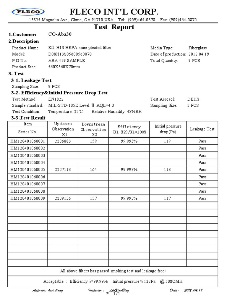 H13 HEPA Filter Test Report 2012 | PDF | Applied And Interdisciplinary ...