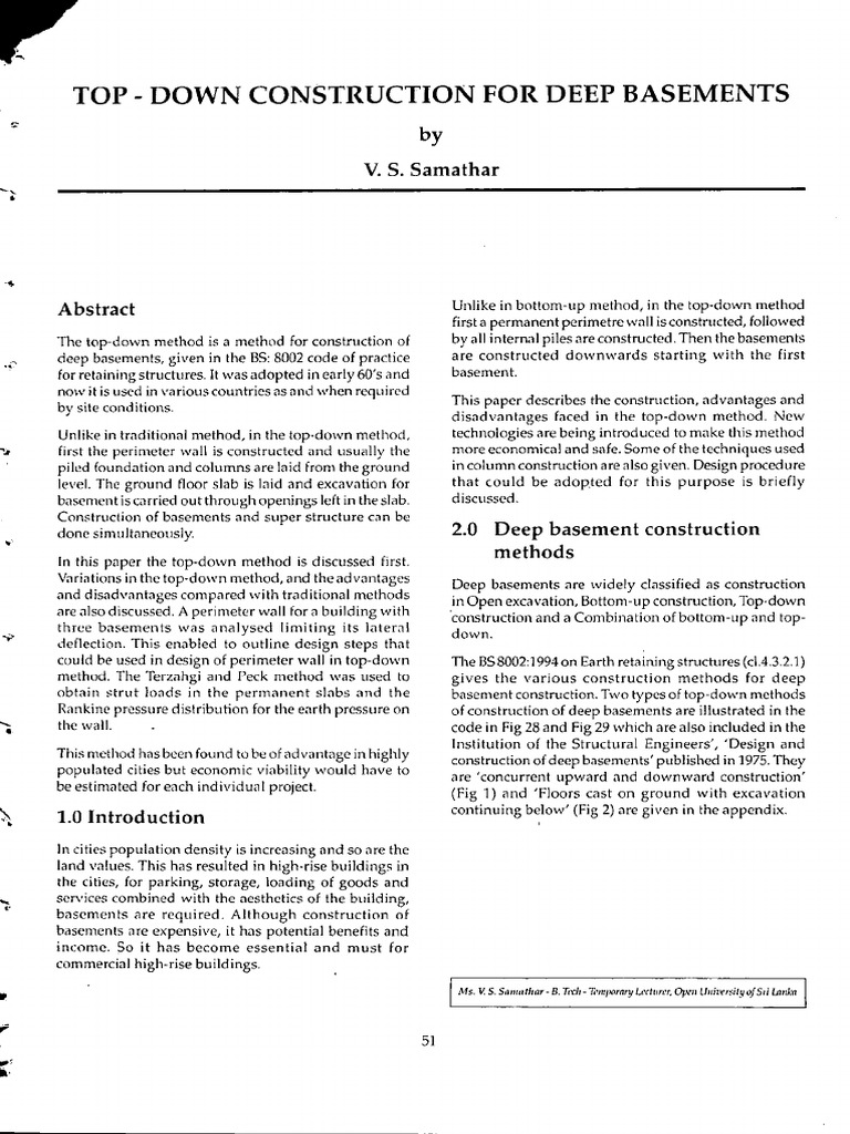 Top Down Construction For Deep Basements by V S Samathar 2002 PDF | PDF