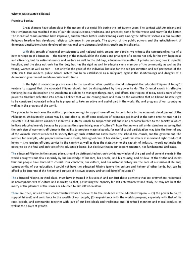 What is the message of the essay what is an educated filipino image