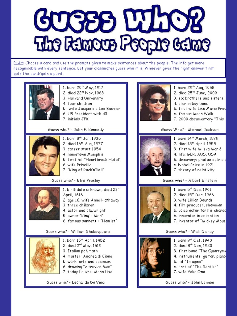 1524 Guess Who The Famous People Game Speaking About Personal Information Leisure