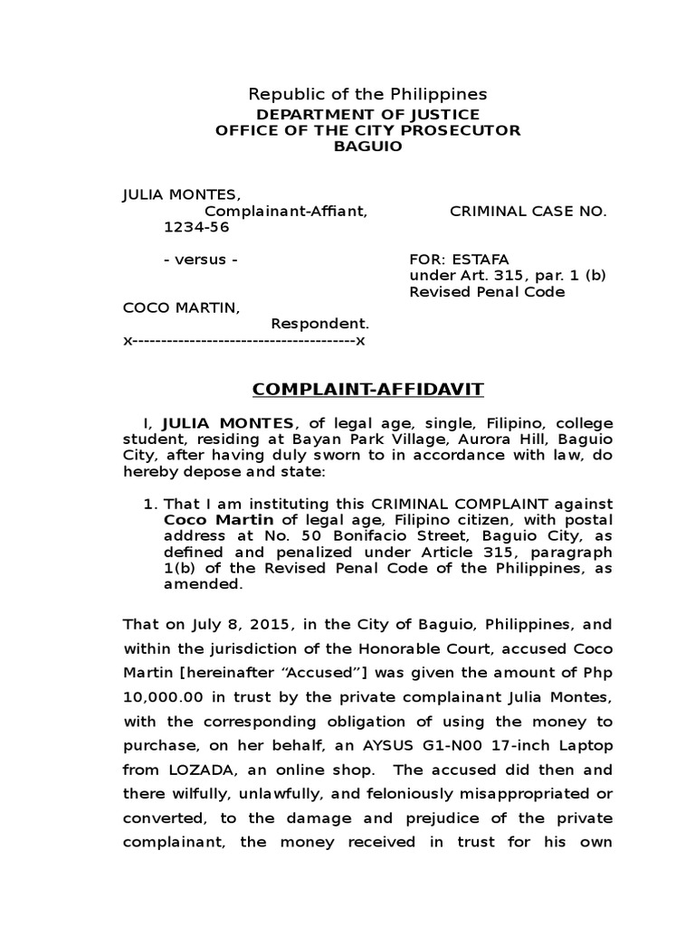 288580711 Unedited Sample Complaint Affidavit for Estafa Prosecutor