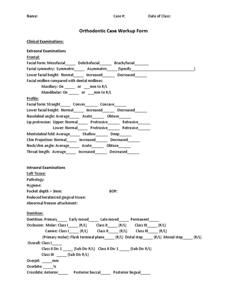 Orthodontic Case Workup Form PDF PDF Mouth Dentistry Branches