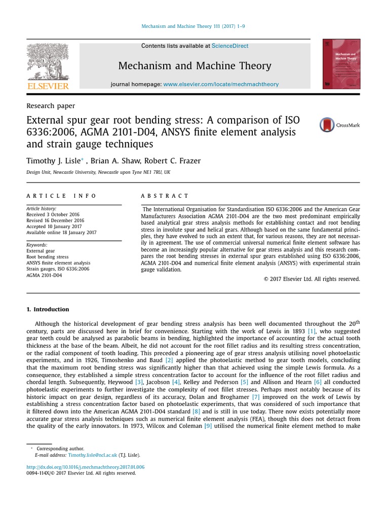 External Spur Gear Root Bending Stress A Comparison of ISO 63362006, AGMA 2101D04, ANSYS