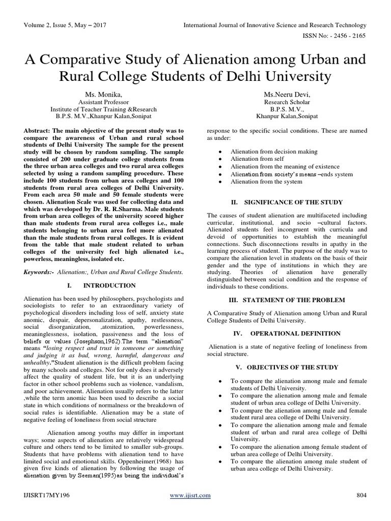 Alienation in Urban vs. Rural Students | PDF | Social Alienation | P Value