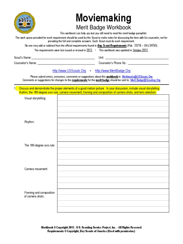 Moviemaking: Merit Badge Workbook | PDF | Boy Scouts Of America ...