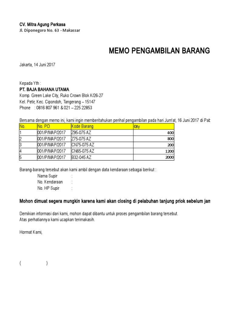 Contoh Surat Memo Pengambilan Barang Nusagates