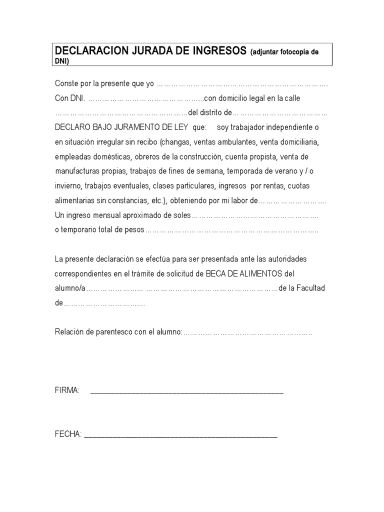 Declaracion Jurada de Ingresos | PDF