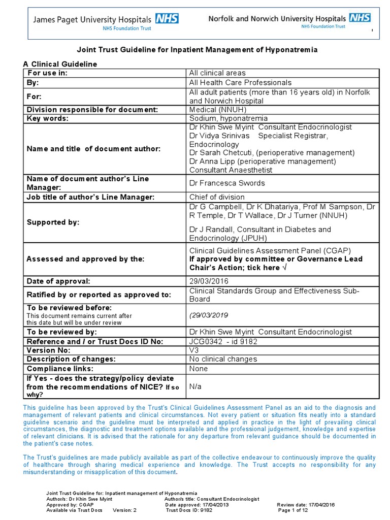 Hyponatremia Inpatient Management of JCG0342 V3 | PDF | Clinical ...