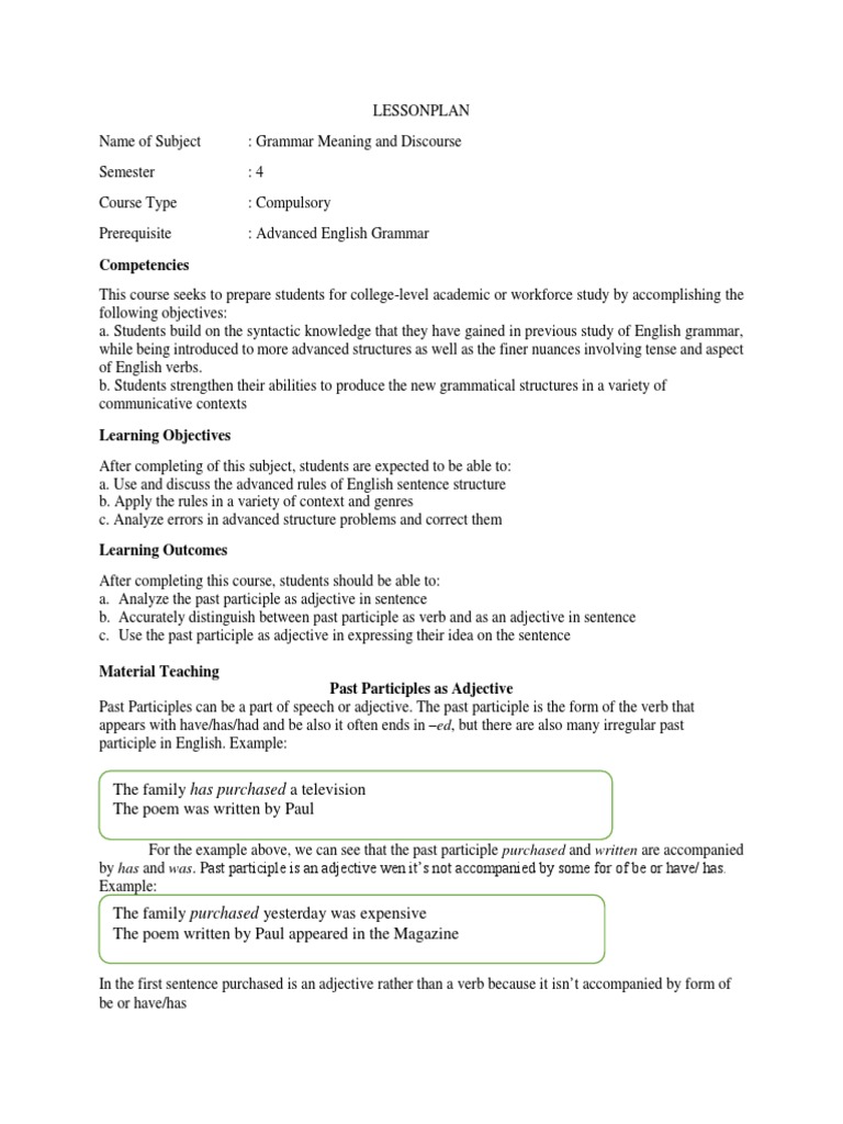 Lessonplan Past Participles English Language Teachers