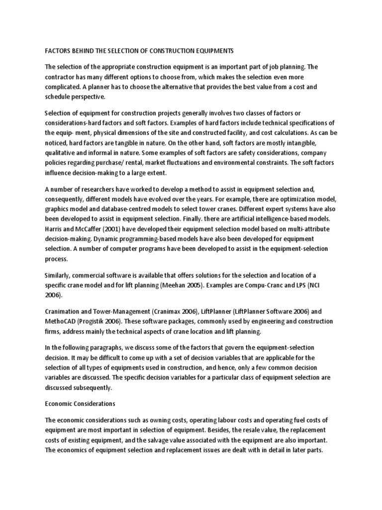 Factors Behind The Selection of Construction Equipments | PDF | Heavy ...