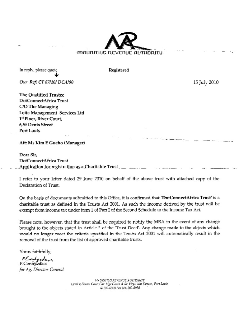 DotConnectAfrica Trust Registration. ID. CT8710DCA90 | PDF