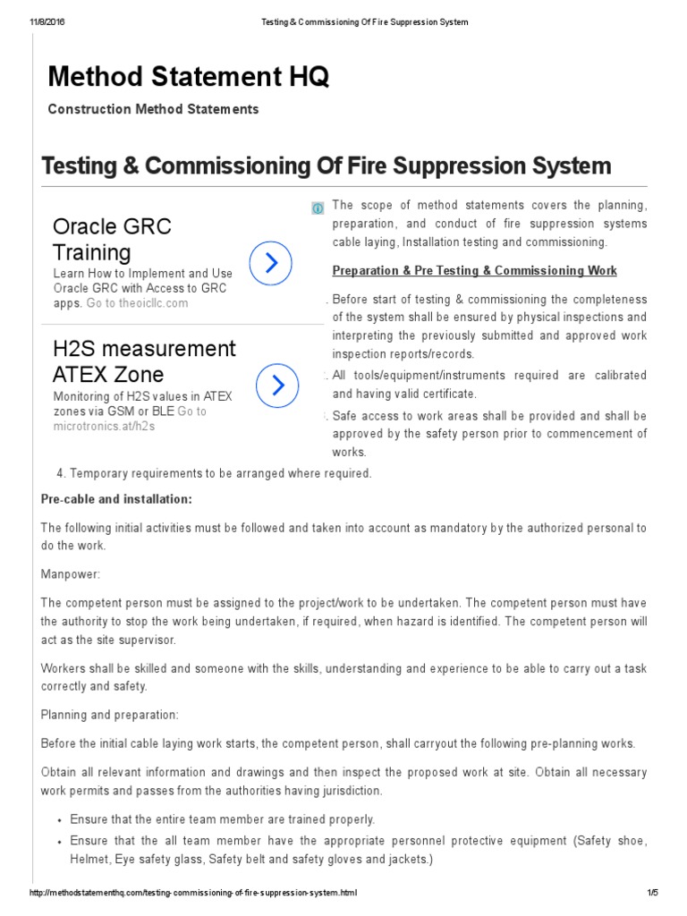 Testing & Commissioning of Fire Suppression System Equipment