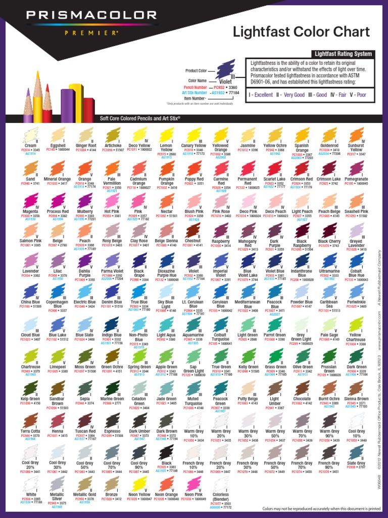 Prismacolor Soft Core Colored Pencils Lightfast Color Chart PDF