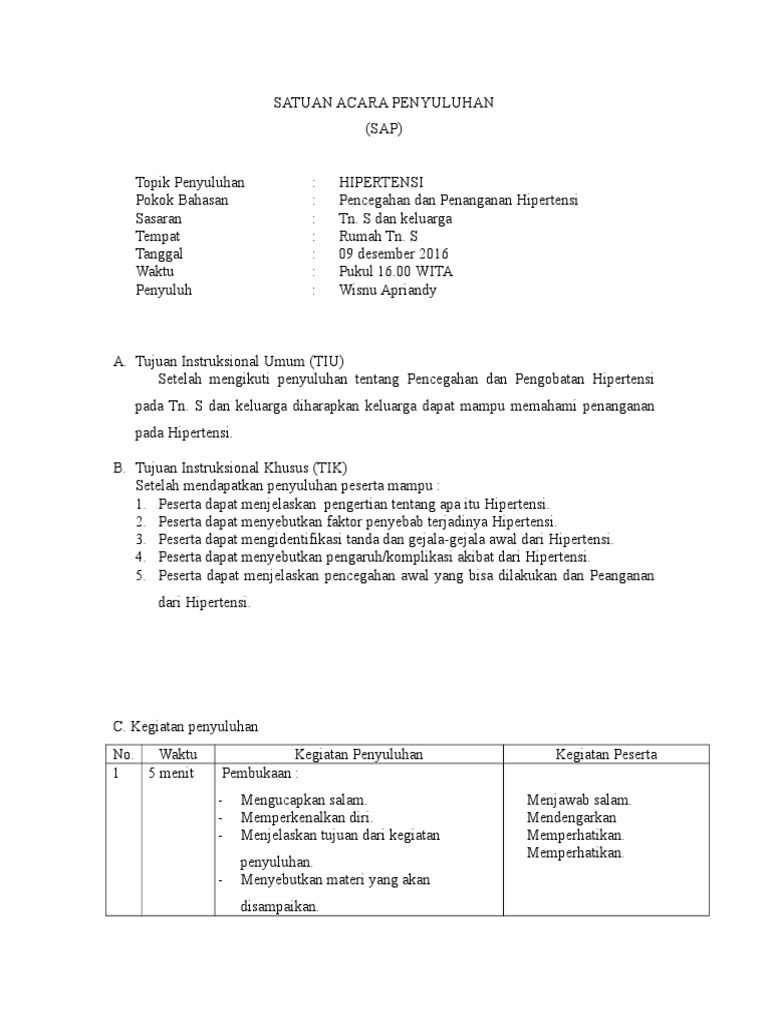 Sap Hipertensi Doc Satuan Acara Penyuluhansap Topik