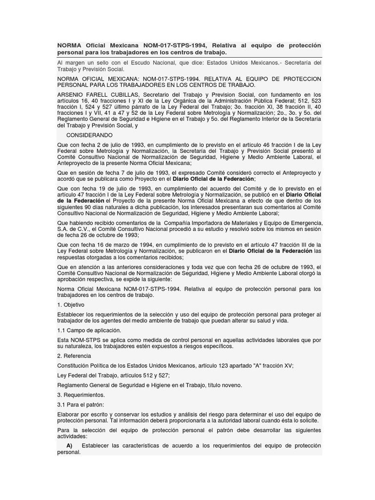 Nom 017 Stps 1994 | PDF | Derecho laboral | La seguridad