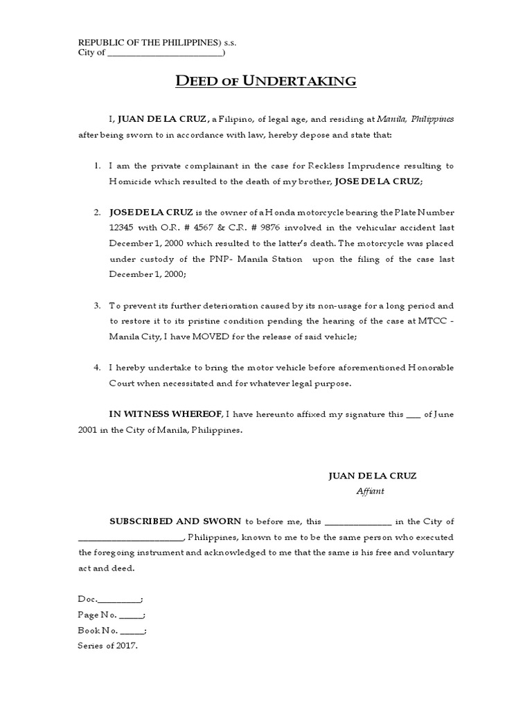 Deed of Undertaking for Vehicle Release | PDF | Law