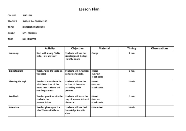 Lesson Plan: Activity Objective Material Timing Observations | PDF