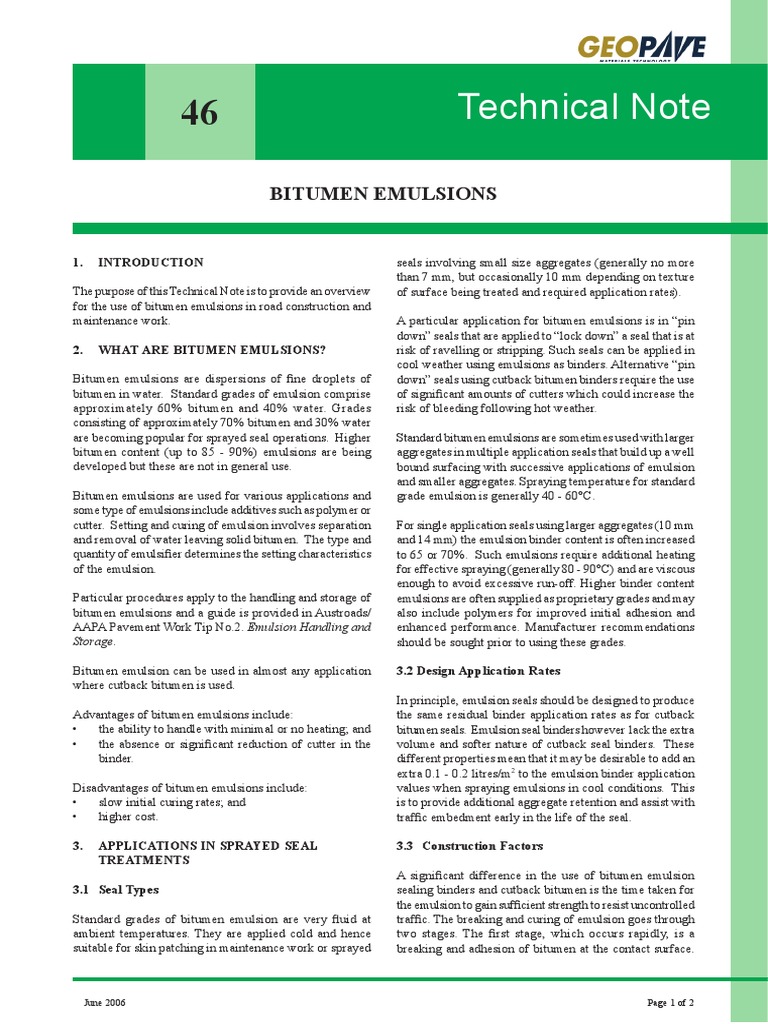 Technical Note TN 046 Bitumen Emulsions | PDF | Asphalt | Road Surface