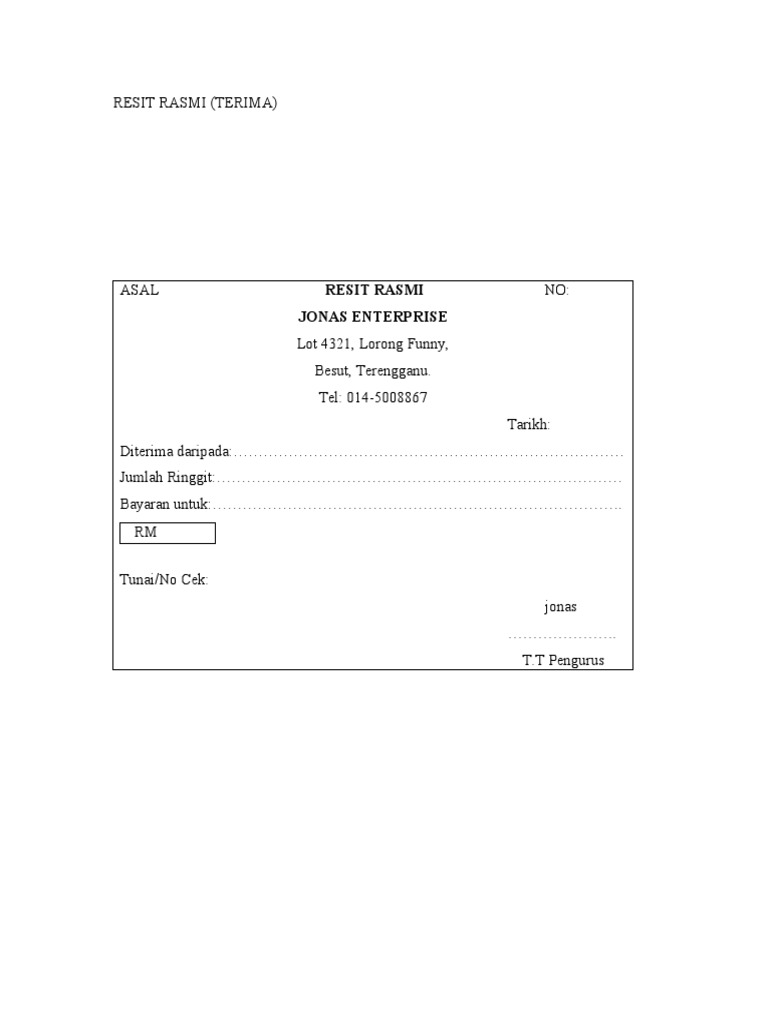 contoh resit bayaran tunai