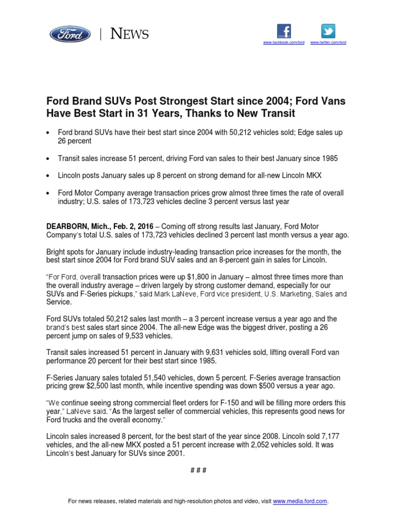 January 2016 Ford Sales Report | PDF | Lincoln Motor Company | Ford ...